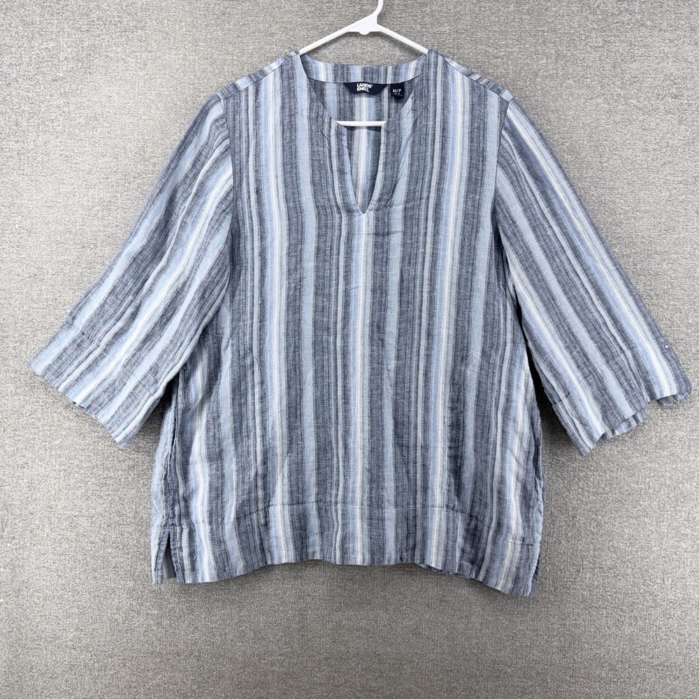 Lands End Tunic Linen Top Women Size M/P /10-12 Blue Striped Casual 3/4 Sleeve
